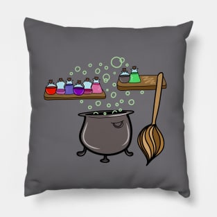 Cartoon Potions, Cauldron, and Broomstick, made by EndlessEmporium Pillow