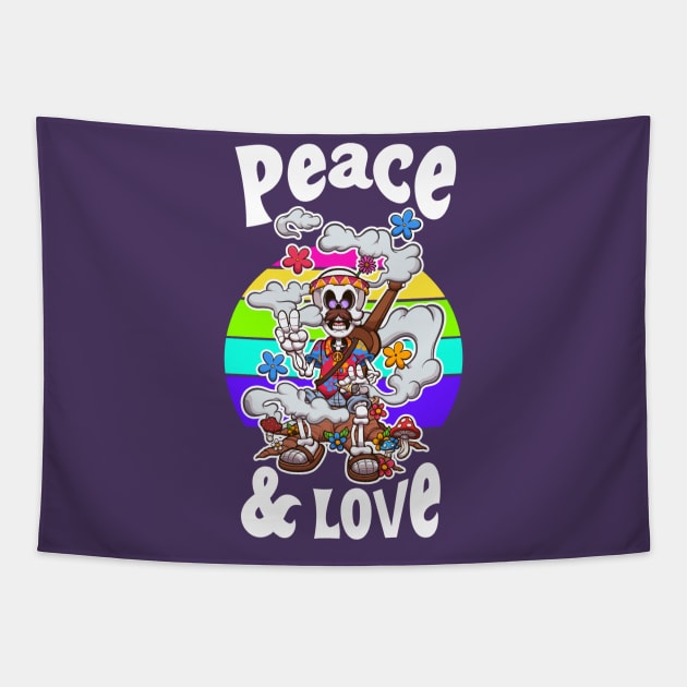 Peace And Love Cartoon Retro Skeleton Tapestry by TheMaskedTooner