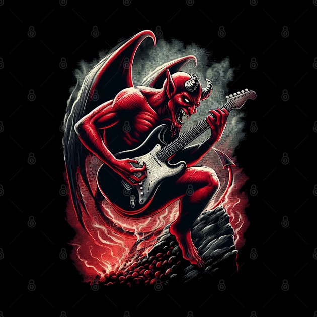 The Devil Playing Guitar T-Shirt - Unleash Infernal Riffs by Pixel Draws