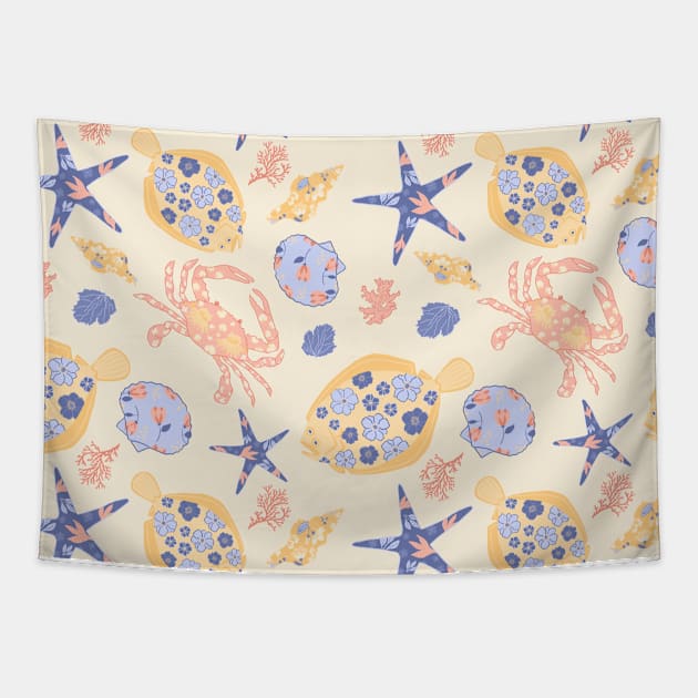 Floral nautical sea creature pattern, flounder, crab, starfish, shells, coral cream background Tapestry by dumbbunnydesign