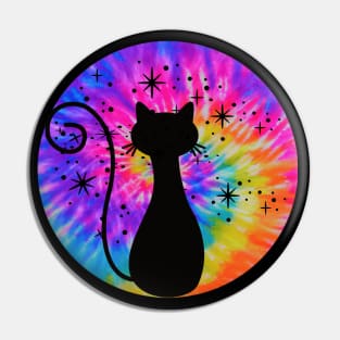 Tie Dye Black Cat: Rainbow Pink Trippy Hippie, Boho Psychedelic, Retro Vintage Sunset Vibe Pin