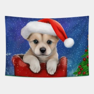 Cute Christmas Pomeranian Puppy Tapestry