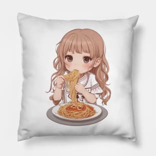 Cute girl eating spaghetti Pillow