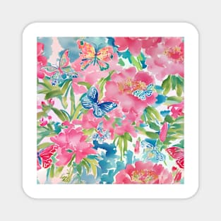 Preppy pink, green and turquoise flowers and butterflies Magnet