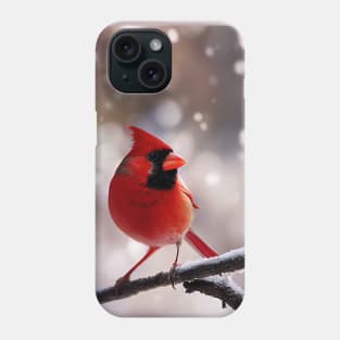 Cute little red bird on a branch at winter Phone Case