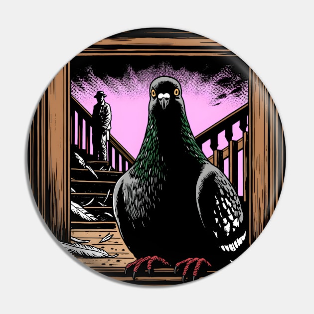 Shadows at the Window: Scary Pigeon with Mysterious Man Pin by ChicDesignCo