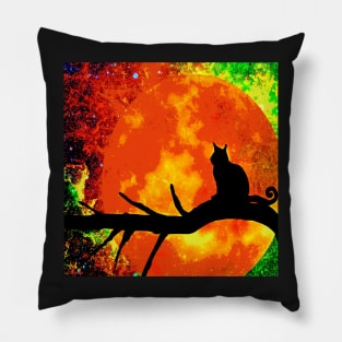 BLACK CAT FIRE HARVEST MOON BLACK TREE Pillow