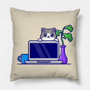 Cute Cat Behind Laptop Cartoon Pillow