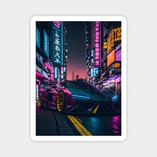 Dark Neon Sports Car in Japanese Neon City Magnet