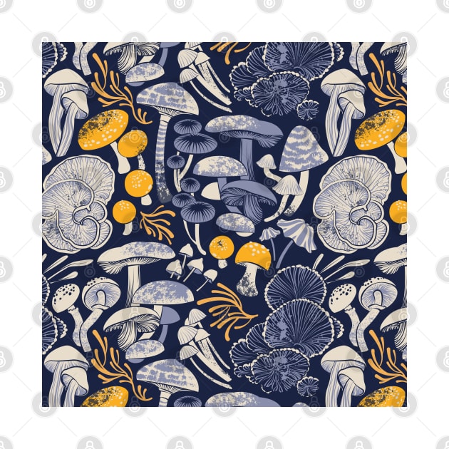 Mystical fungi // midnight blue background ivory pale blue and yellow wild mushrooms by SelmaCardoso