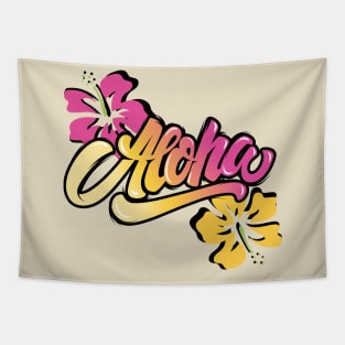 hawaiin inspired aloha with orange and pink hibiscus flowers Tapestry