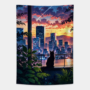 Dreamy Cityscape with Cat at Sunset - Serene Urban cityscape Tapestry
