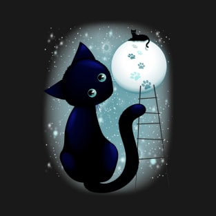 Blue Kitty Dream on the Moon T-Shirt