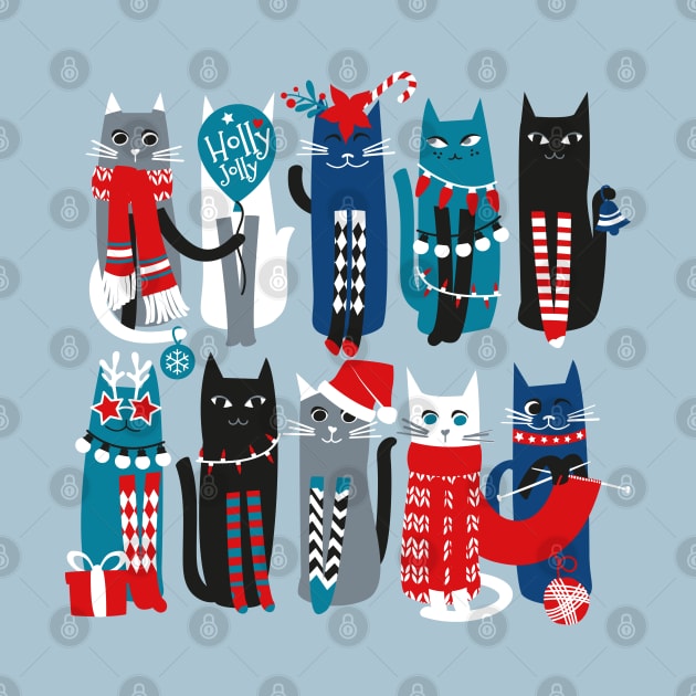 Feline Christmas vibes // print // blue background blue white and black kittens by SelmaCardoso