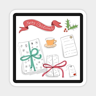 Set of vector sketch gifts. Hand drawn elements for your festive design. Christmas gifts. Magnet