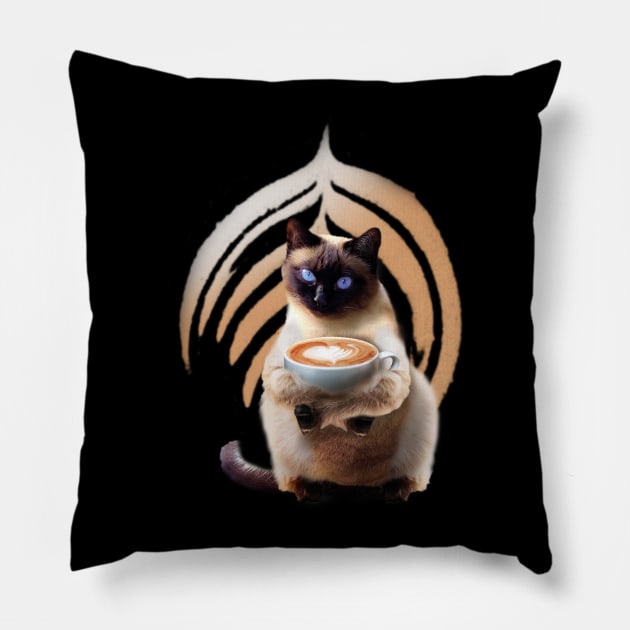 Siamese Cat Kitty Kitten Drinking Coffee, Funny Cute Pillow by Random Galaxy