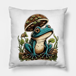 Cottagecore Blue Frog Under Mushroom Pillow