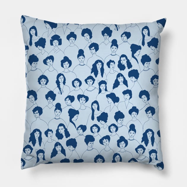 Women pattern in monochrome blue Pillow by Aidi Riera