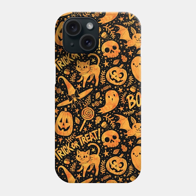 Spooky Cute Halloween Orange on Black Phone Case by Spookish Delight