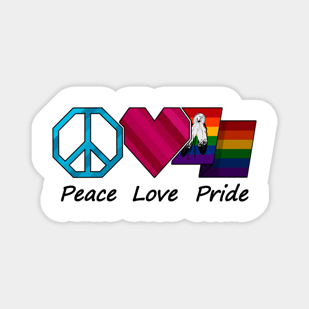 Peace, Love, and Pride design in Two-Spirited pride flag colors Magnet by LiveLoudGraphics