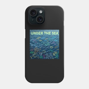 under the sea,blue sea,sea creatures,Turtle, puffer fish, starfish, shrimp, shark, tropical fish, sea horse, seaweed, sardines, squid, crabs, clams Phone Case