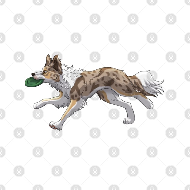 Running Tricolor Brown Lilac Merle Border Collie with Frisbee by Bamsdrawz