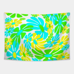 60's Retro Liquid Flowers in Lime Green, Aqua Blue and Yellow Tapestry