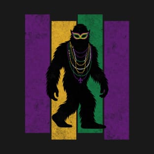 Mardi Gras Bigfoot Sasquatch Funny Cryptid Creature with Fleur-de-Lis, Mask, and Beads T-Shirt