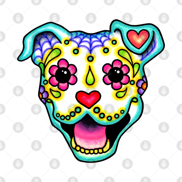 Smiling Pit Bull in White - Day of the Dead Pitbull Sugar Skull Dog - Pitbull - T-Shirt