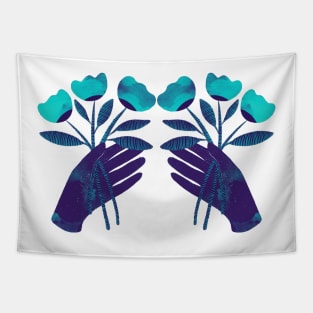 Dark purple blue hands with turquoise flowers for you Tapestry