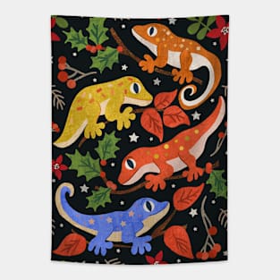 Colourful Christmas Geckos with Holly on Black Tapestry