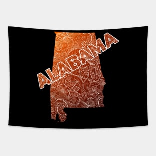 Colorful mandala art map of Alabama with text in brown and orange Tapestry