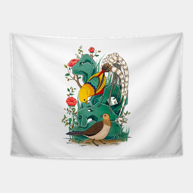 Minhwa: Golden Pheasant Couple A Type Tapestry by koreanfolkpaint