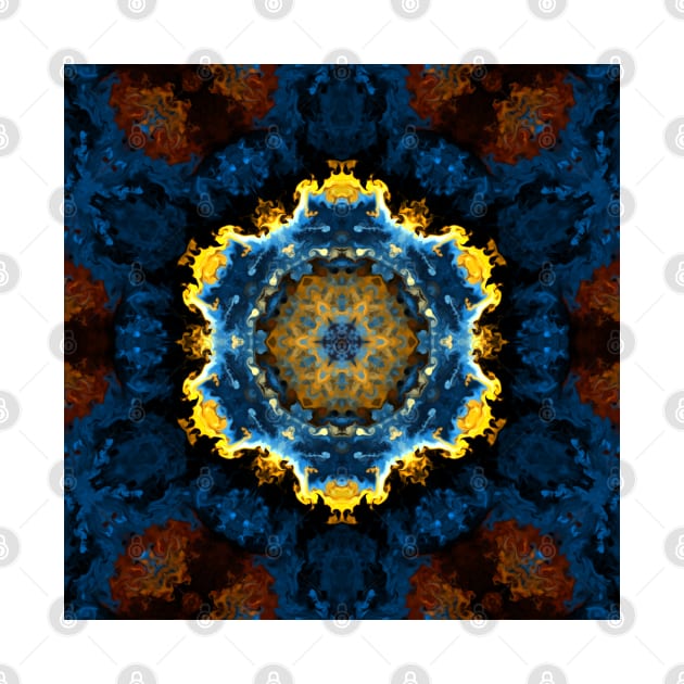 Psychedelic Mandala Flower Blue Yellow and Orange by WormholeOrbital