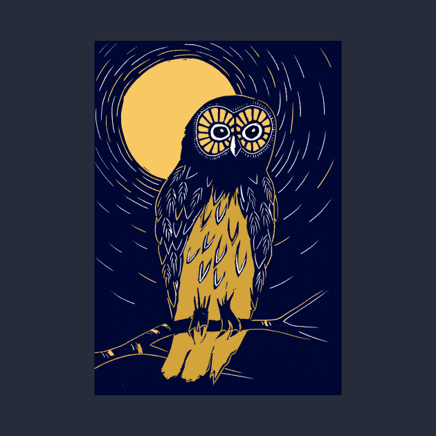 Deep blue and gold linocut of an owl on a moonlit night by Maddybennettart