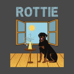 Rottweiler Dog (Rottie) Indoors with Window and Floral Spring Decoration T-Shirt