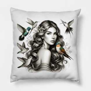 Beautiful girl curly hair surrounded by flowers and birds Pillow