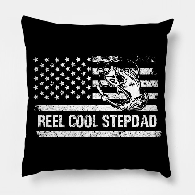 Mens Reel Cool Stepdad American Flag Fisherman Daddy Father's Day Gifts Fishing Pillow by Oska Like