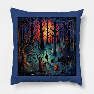 Folk Art Creepy Forest at Sunset Pillow