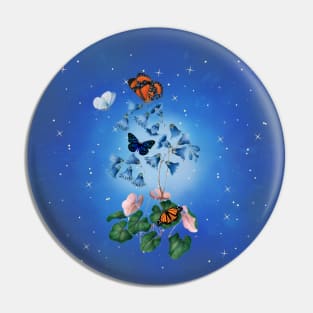 Serenity Blue Floral Design with Butterflies Pin
