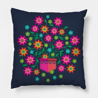 RAINBOW IN MY POCKET Floral Botanical in Bright Colours on Deep Dark Blue - UnBlink Studio by Jackie Tahara Pillow
