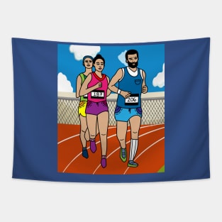Jogging Marathon Runners And Train Tapestry