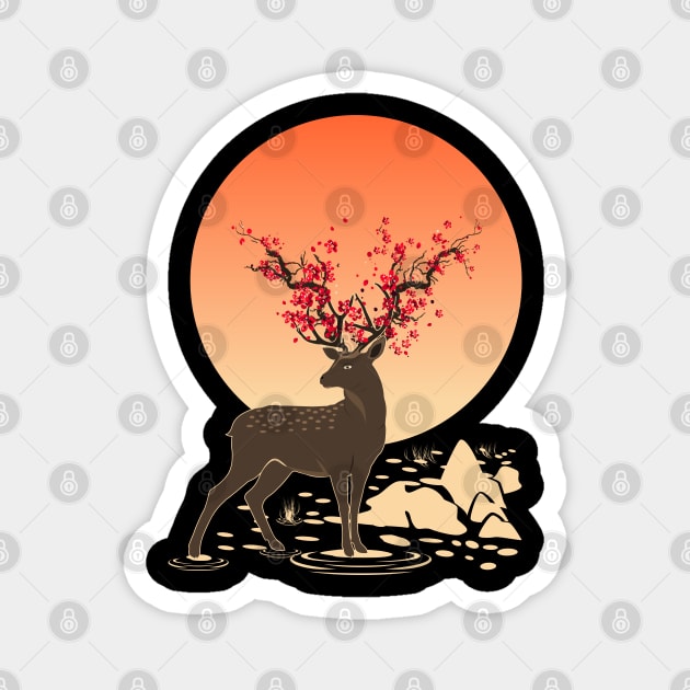 Sakura Deer Spirit | Sika Deer Spirit | Oriental Japanese Art Magnet by VISUALUV