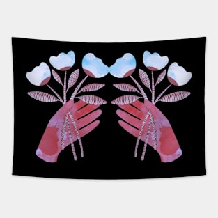 Red hands with blue flowers for you on black background Tapestry