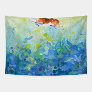Corgi swimmer in sunlight and sea waves Tapestry