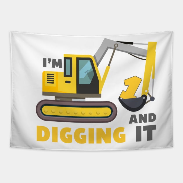 I'm 1 and Digging it Funny 1rd Birthday Excavator Kids Tapestry by DesignergiftsCie