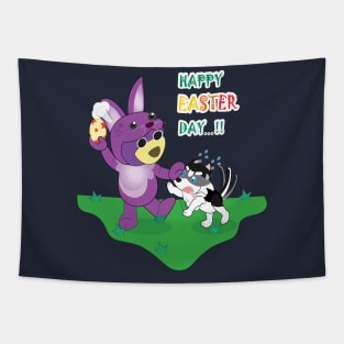 Happy easter's day, Bunny easter, Mr. Purple bear in Bunny easter costume with easter egg, Snowy the husky want to get easter egg, little husky dog, cute puppy, dog lover. Tapestry