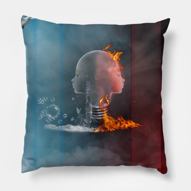 Awesome lightbulb face with fire and water Pillow by Nicky2342