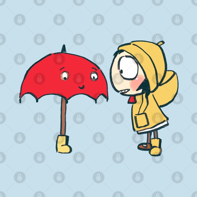 sarah sharing boot with red umbrella that fears rain / sarah and duck by mudwizard