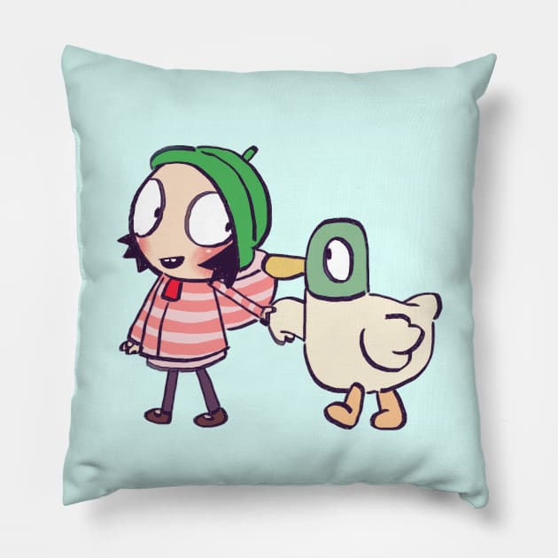 sarah and duck holding hands / children cartoon Pillow by mudwizard